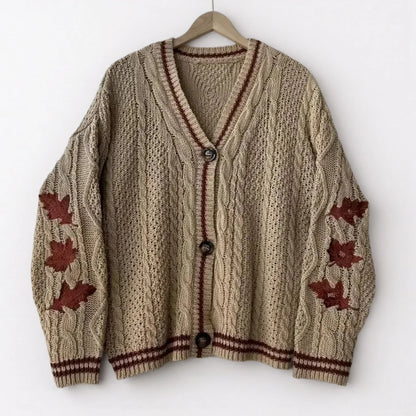 Autumn Red Maple Leaf Embroidered Leaves Knitted Cardigan Women Winter V-neck Single Breasted Show Y2k Style Cardigans Girls