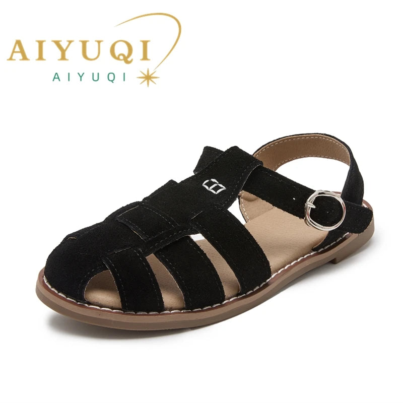 AIYUQI Flat-soled Retro Genuine Leather Hollow Baotou Sandals Women's 2025 New Hollow Pig Cage Women's Sandals