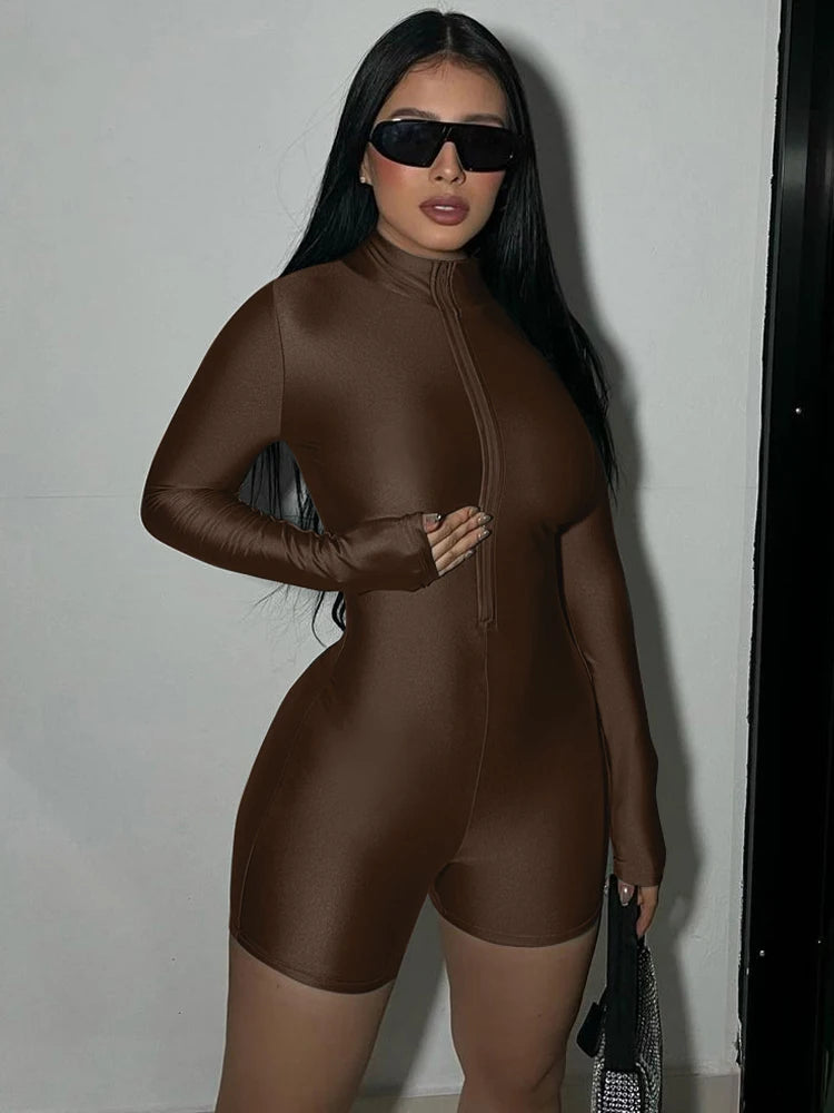 Hugcitar Solid Turtleneck Long Sleeve Zip Up Sexy Slim Skinny One Piece Playsuit 2024 Fall Women Fashion Streetwear Party Romper