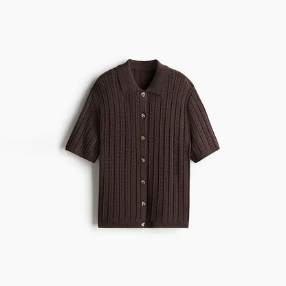 Vintage Knitted Loose Pants Set Women Brown Half Sleeve Lapel Single Breasted Cardigan Straight Trousers 2025 Fashion Solid Suit