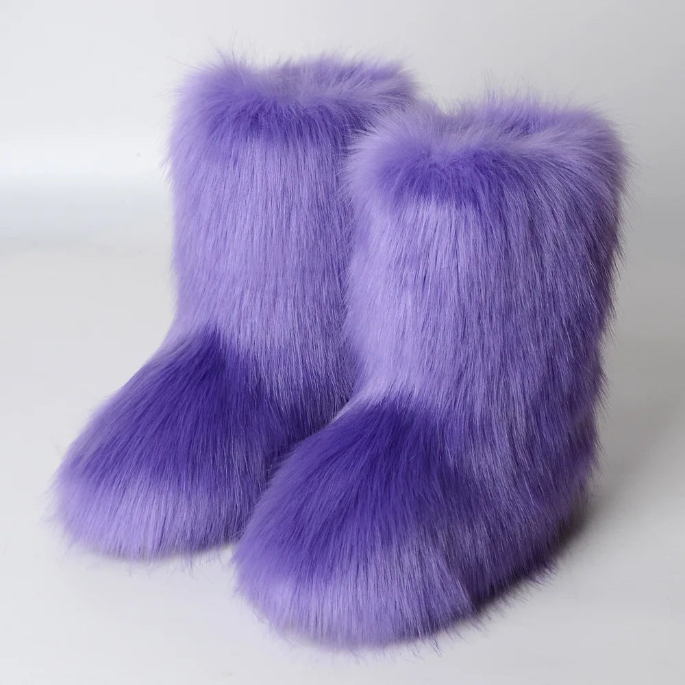 Women Faux Fur Boots Winter Fluffy Plush Warm Mid Calf Snow Boots Luxury Fashion Furry Boots Comfortable Outdoor Flat Shoes