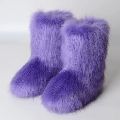 Women Faux Fur Boots Winter Fluffy Plush Warm Mid Calf Snow Boots Luxury Fashion Furry Boots Comfortable Outdoor Flat Shoes