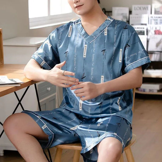 Large Size Men Homewear Ice Silk Short-Sleeved Shorts Student Pajamas Korean Version with Letters Loose 3xl Short-Sleeved Two-Pi