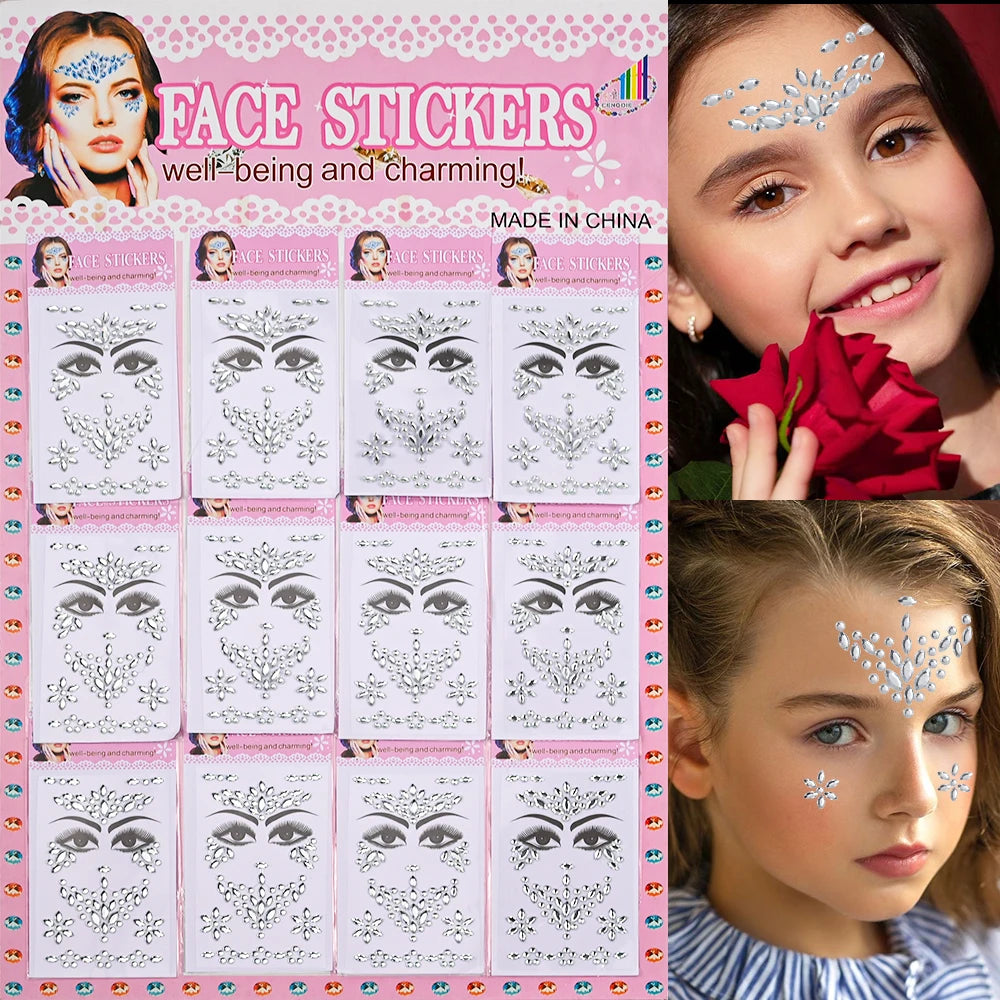 1sheet 900pcs Rainbow Face Glittle Gem Stickers Stick-On Facial Tattoo Eye Rhinestone Jewels 3/4/5mm Mix Wedding Party Make Up