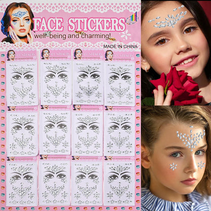 1sheet 900pcs Rainbow Face Glittle Gem Stickers Stick-On Facial Tattoo Eye Rhinestone Jewels 3/4/5mm Mix Wedding Party Make Up