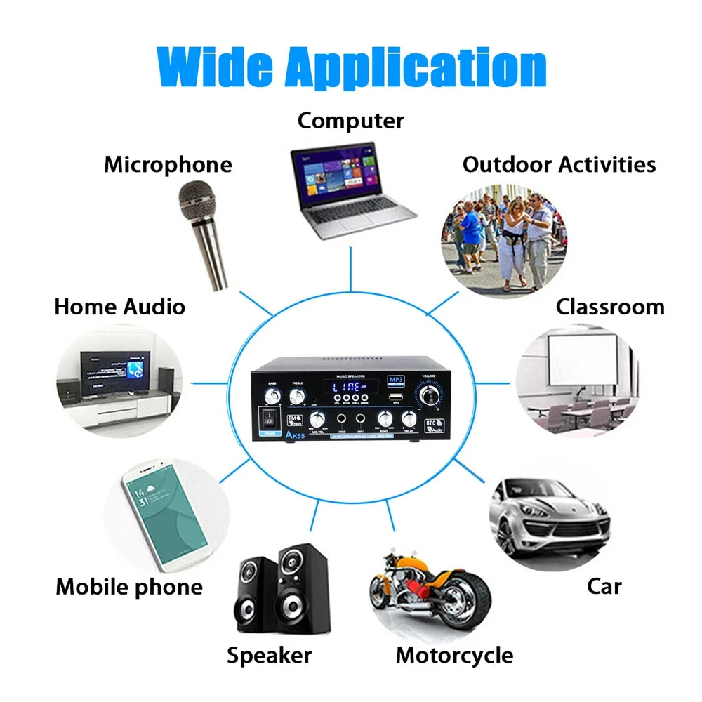 AK55 HiFi-Digitalverstärker Kanal 2.0 Bluetooth Surround Sound AMP Max Power 90Wx2 Lautsprecher für Heimauto BT 5.0 Audio AMP
