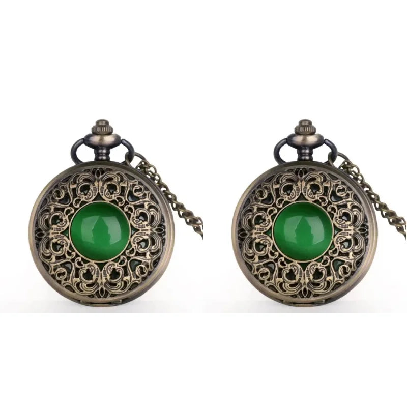 Vintage Arabic numerals face hollowed-out carving jade quartz pocket watch Bronze elegant style ladies gift clothing accessories