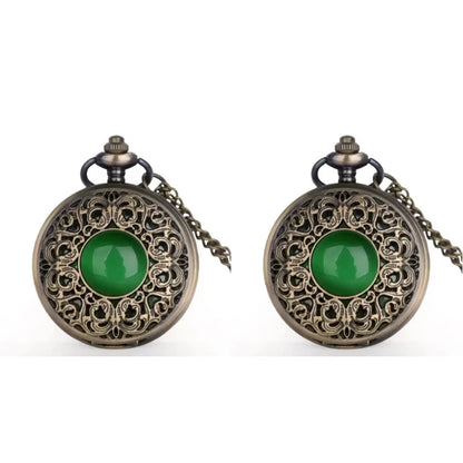 Vintage Arabic numerals face hollowed-out carving jade quartz pocket watch Bronze elegant style ladies gift clothing accessories