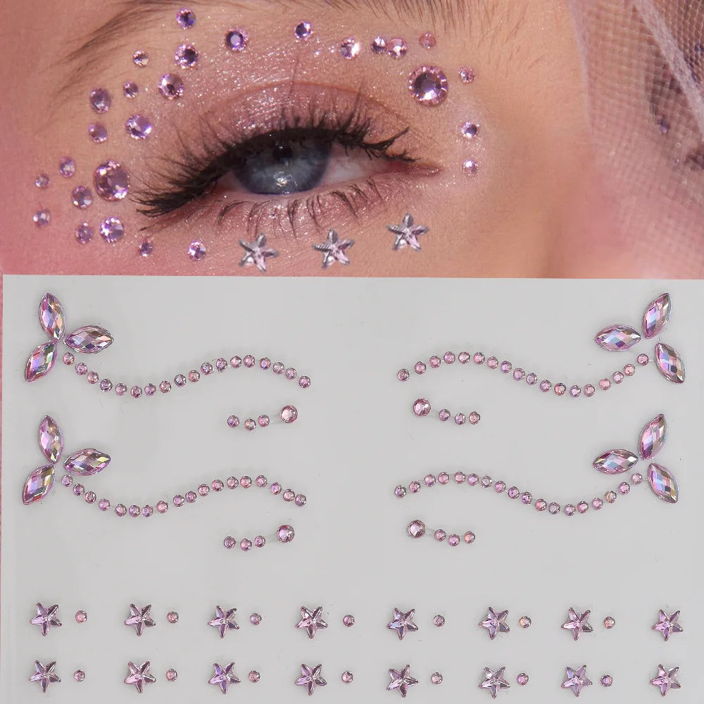 1Pcs 3D Hollow Star/Heart Face Gem Tattoos Stickers Self-Adhesive Crystal Jewelry Tattoo DIY Eye/Body Makeup Decor Rhinestones *