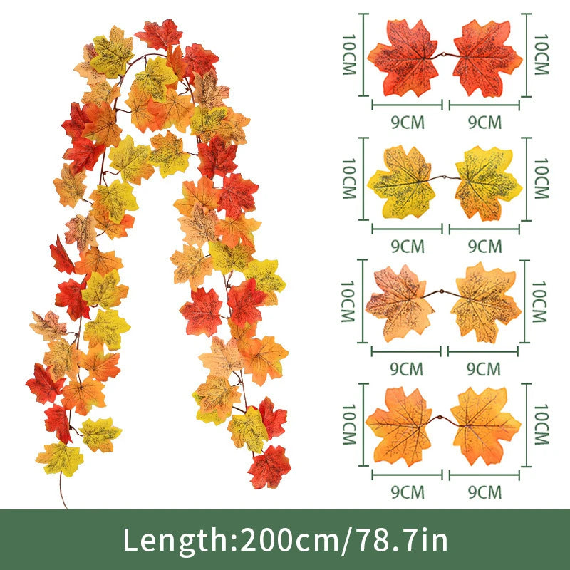 2M Artificial Maple Leaf Garland Fake Fallen Leaves Autumn Decor Rattan for Thanksgiving Halloween Festivals Wedding Xmas Decor