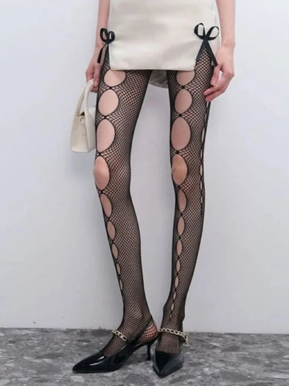 Gothic Women's Irregular Exposed Skin Tights Ripped Fishnet Thin Pantyhose Punk Y2K Hollowed-out Retro Lace Sexy Silk Stockings