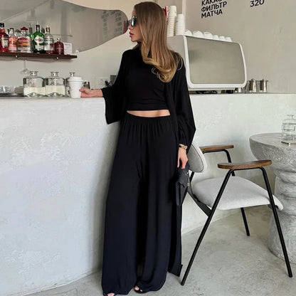 Casual Solid Women 3 Pieces Suits V-neck Long Coats O-neck Slim Top Wide Leg Trousers 2025 Spring Summer New Fashion Female Sets
