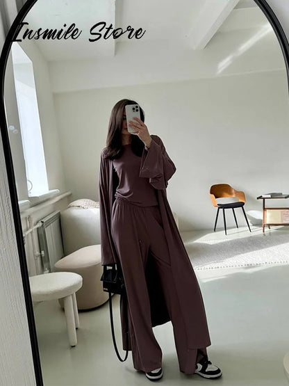 Casual Solid Women 3 Pieces Suits V-neck Long Coats O-neck Slim Top Wide Leg Trousers 2025 Spring Summer New Fashion Female Sets