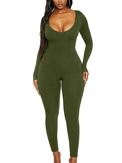 Spring Summer New Women's Long Sleeve Solid Color Skinny Jumpsuit Fashion Sports Fitness Pullover Casual Wear
