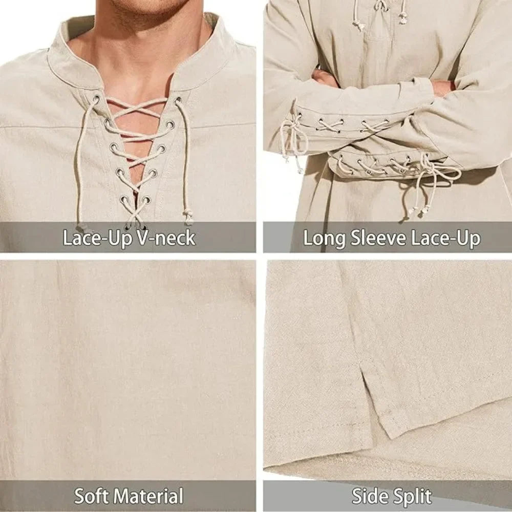 Men's Long Sleeve Shirts Lace Up V-neck Cuff Medieval Pirate Dress Up Streetwear Halloween Gothic Punk Style Men's Clothing
