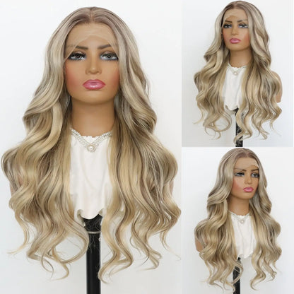 Blonde Highlight Lace Front Wig Long Wavy Ombre Brown Blonde 13x4 Synthetic Lace Front Wigs for Women 24 Inches