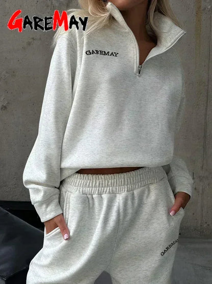 Autumn Women's Tracksuit with Zipper Cotton Oversize White Casual Two Piece Set Women  Classic Sports Trouser Suits for Women