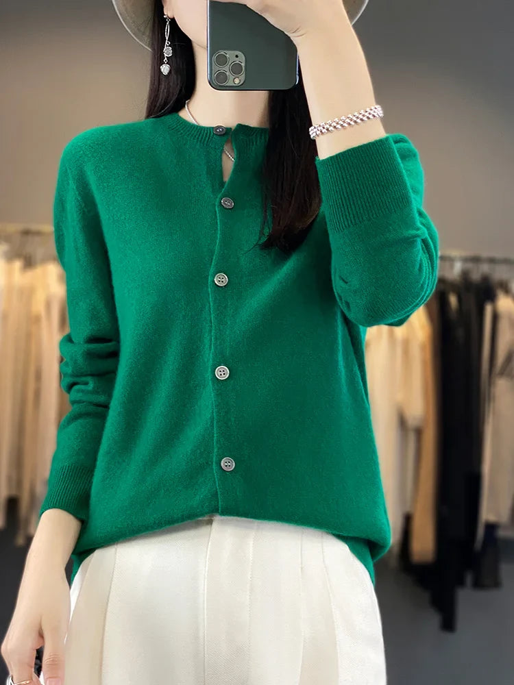 100% Merino Wool Sweater Women O-Neck Cardigan Basic Style  Buttoned Knitwear Female Casual Autumn Winter Soft Tops