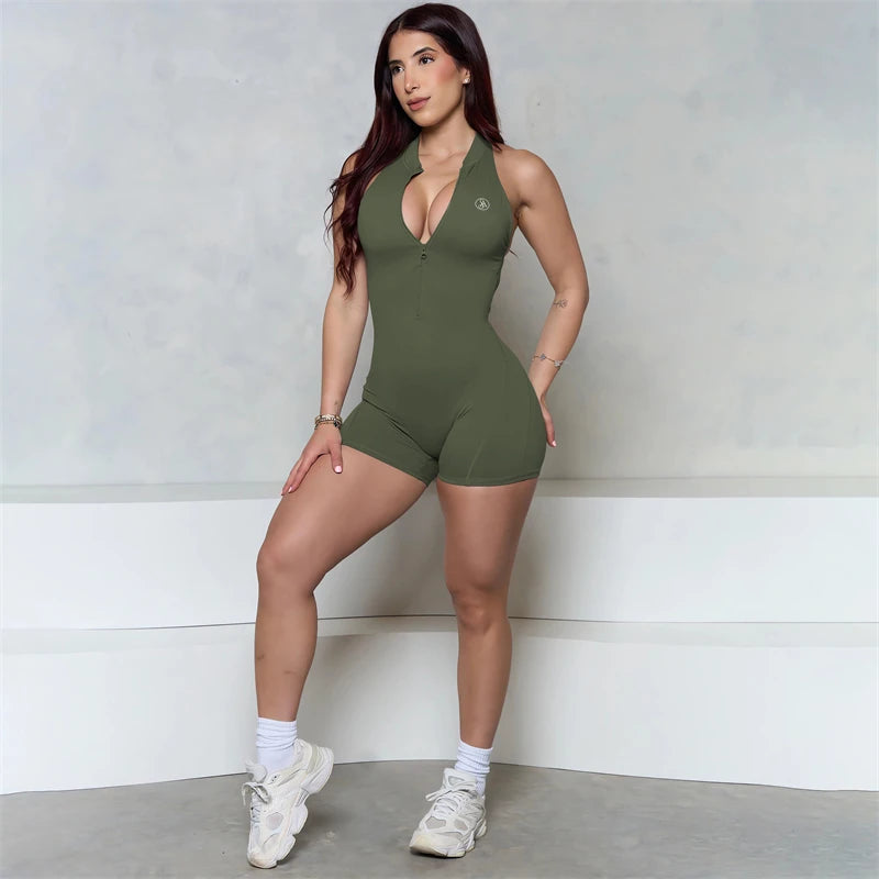Allure The Brand Sleeveless ZIPPER Scrunch Butt Romper Women Sporty Jumpsuit Lycra Short Fitness Gym Overalls Workout Clothes