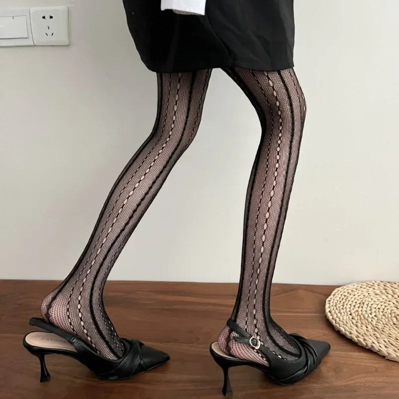 Women Sexy Lace Fishnet Stockings Lolita Hollow Out Solid Pantyhose JK Japanese Style High Waist Vintage Rhombus Striped Tights