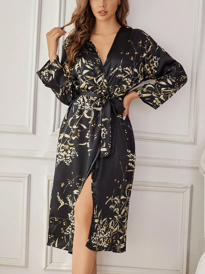 Women's Elegant Silk Robe Floral Print Loose Fit Long Sleeve Breathable Loungewear All-Season