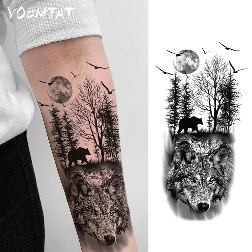 Waterproof Temporary Tattoo Sticker Realistic Animal Forest Wolf Bear Bird Moon Body Art Arm Fake Tattoos Sleeve Women Men Leg