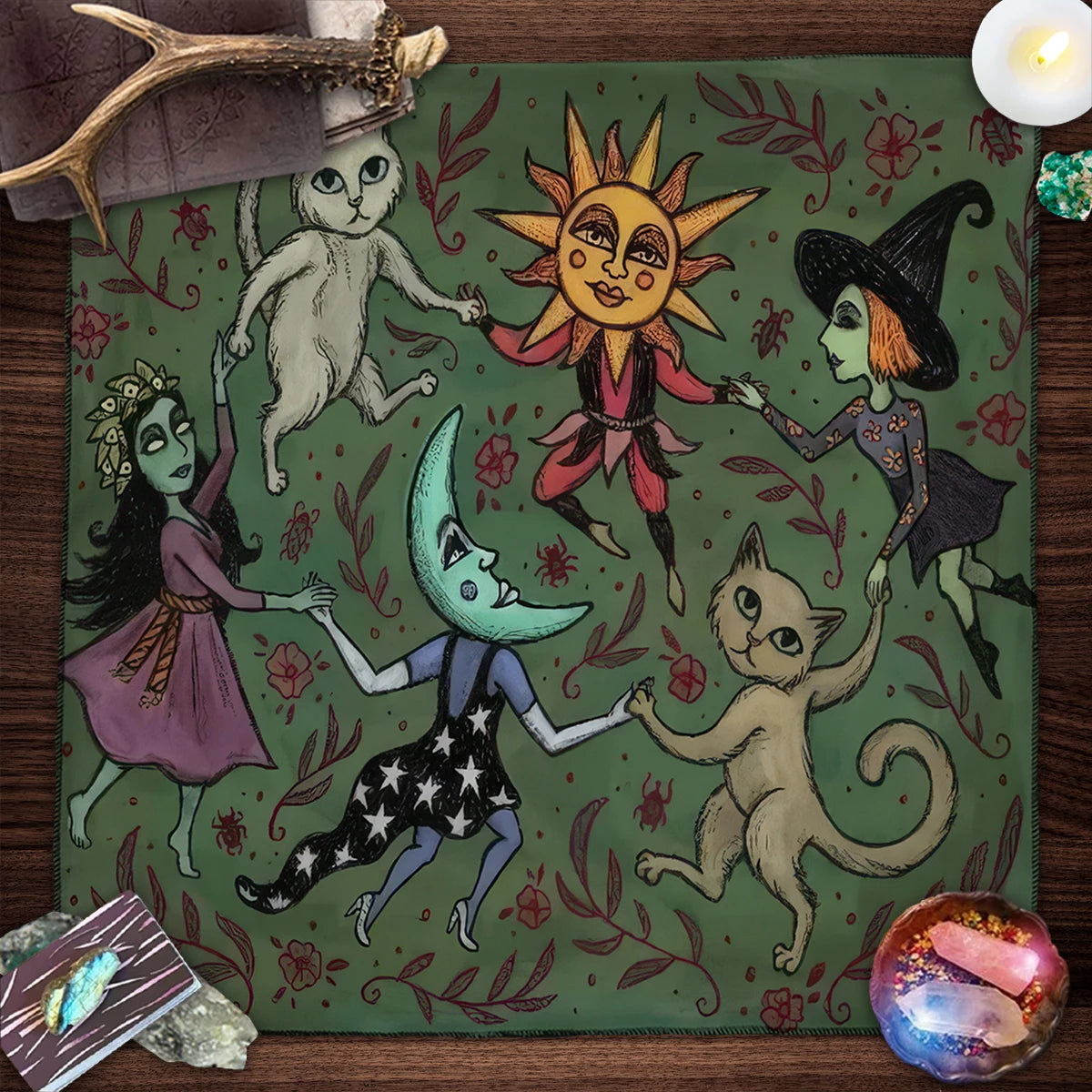 Colorful Mandala Black Cat Altar Cloth Tarot Tablecloth Witchcraft Cat & Moon Starry Sky Divination Cloth Tarot Mat Home Decor