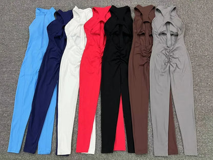Sexy Hollow Backless Bodycon Scrunch Sport Jumpsuit Raises Butt Woman One Piece Gym Set Sleeveless Zipper Yoga Fitness Overalls