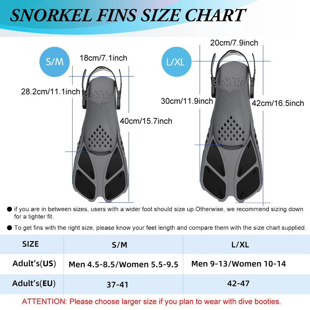 Snorkel Fins Adjustable Buckles Swimming Flippers Short Silicone Scuba Diving Shoes Open Heel Travel Size Adult Men Womens