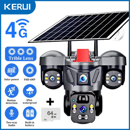 KERUI V380 Pro Outdoor PTZ 6MP WIFI 4G Solar Camera Home Security Triple Lens Camera Solar Panel CCTV Video Surveillance