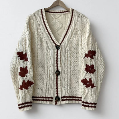 Autumn Red Maple Leaf Embroidered Leaves Knitted Cardigan Women Winter V-neck Single Breasted Show Y2k Style Cardigans Girls