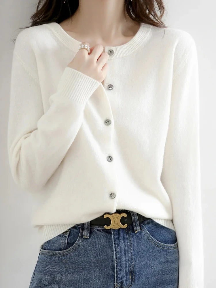 2025 New Worsted Spring And Autumn Women Cardigan Round Neck Knitwear Solid Color Fashion High-grade Knitwear Sweater