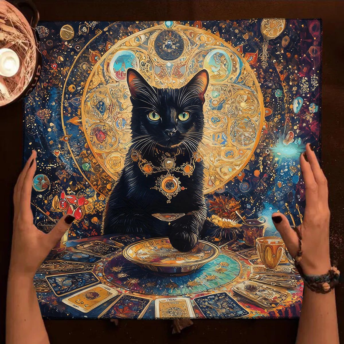 Colorful Mandala Black Cat Altar Cloth Tarot Tablecloth Witchcraft Cat & Moon Starry Sky Divination Cloth Tarot Mat Home Decor