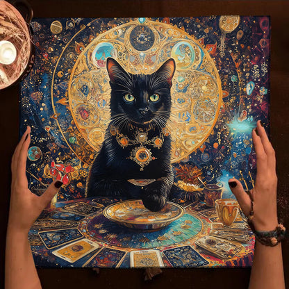 Colorful Mandala Black Cat Altar Cloth Tarot Tablecloth Witchcraft Cat & Moon Starry Sky Divination Cloth Tarot Mat Home Decor