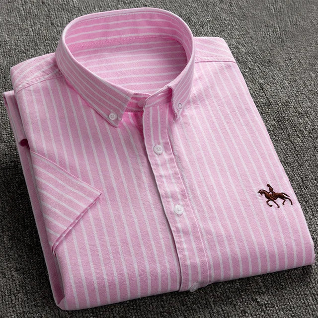 100% Pure Cotton Oxford Shirt For Men¡¯s Short Sleeve Solid Stripe Leisure Embroidered Horse Social Business Formal Dress Shirts