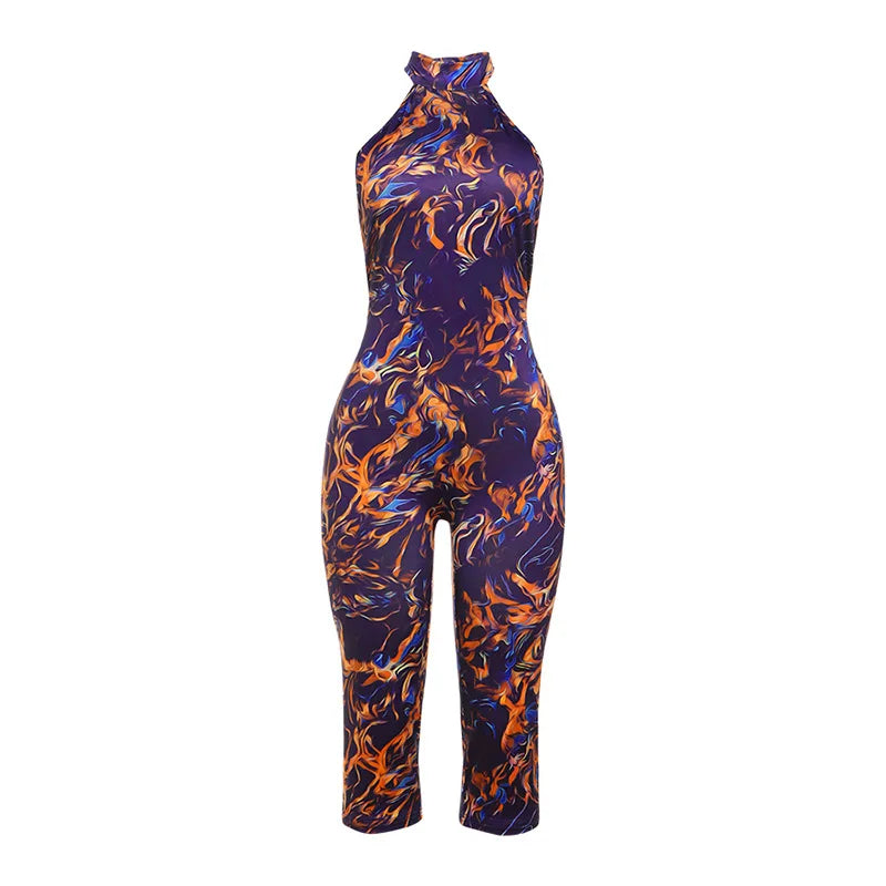 Weird Puss Colorful Print Romper Women Halter Bandage Summer Sexy Hipster Backless Activity Workout Fit Tight Stretch Playsuits
