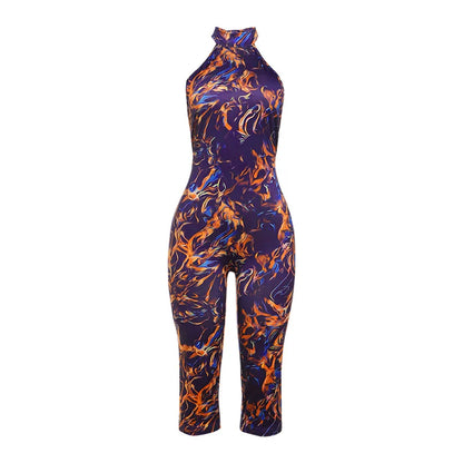 Weird Puss Colorful Print Romper Women Halter Bandage Summer Sexy Hipster Backless Activity Workout Fit Tight Stretch Playsuits
