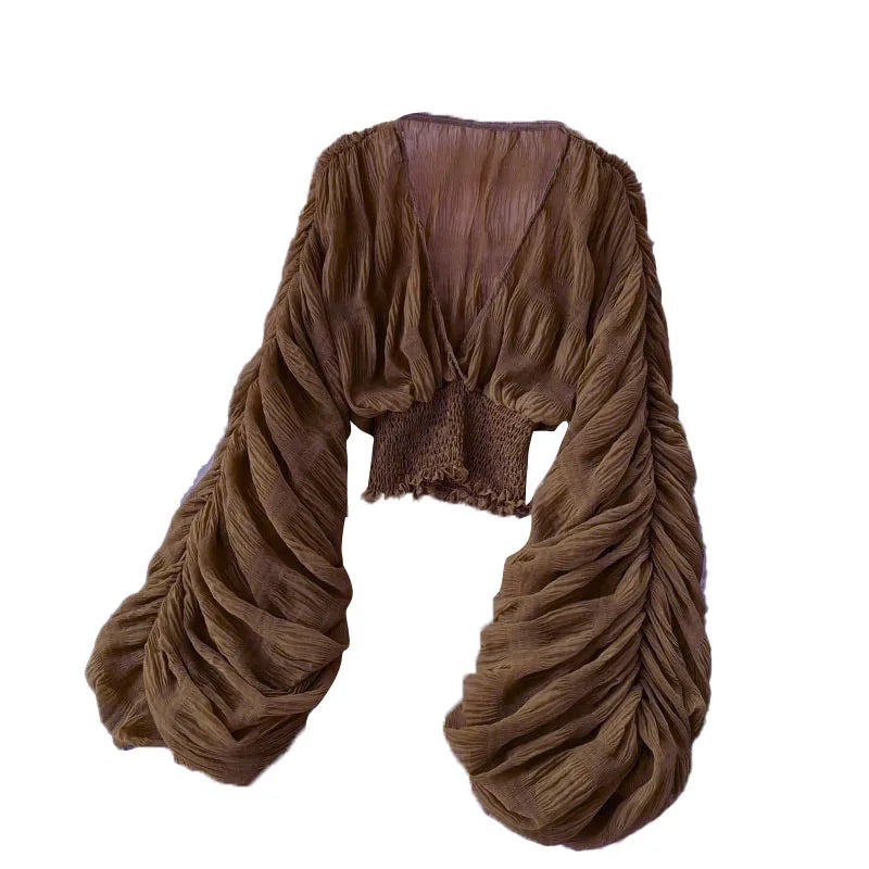 Women Sexy Chiffon Short Blouse Female See Through Super Long Sleeve Blusas Purple/Green/Black/White Folds Party Tops 2022 New