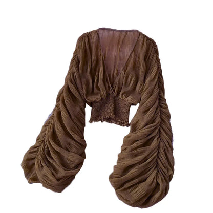 Women Sexy Chiffon Short Blouse Female See Through Super Long Sleeve Blusas Purple/Green/Black/White Folds Party Tops 2022 New