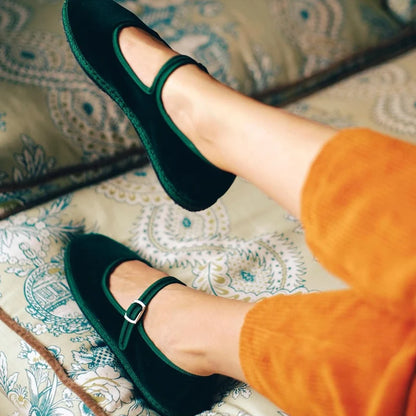 Flannel Flats Women Shoes Hand Stitch Mary Janes Ballet Casual Shoes Ladies Elegant Buckle Closure Velvet Loafers Dark Green