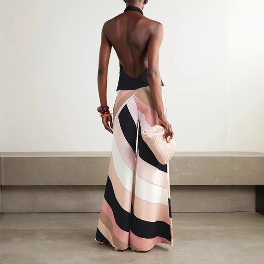 Vintage Contrast Color Sleeveless Wide Leg Jumpsuit Elegant Slim Off Shoulder Halter Playsuits Summer Sexy Backless Women Romper