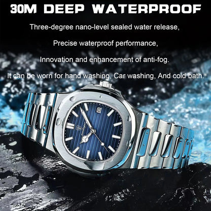 POEDAGAR Square Luxury Men Wristwatch Waterproof Luminous Date Stainless Steel Male Clock Business Sports Quartz Watches For Men