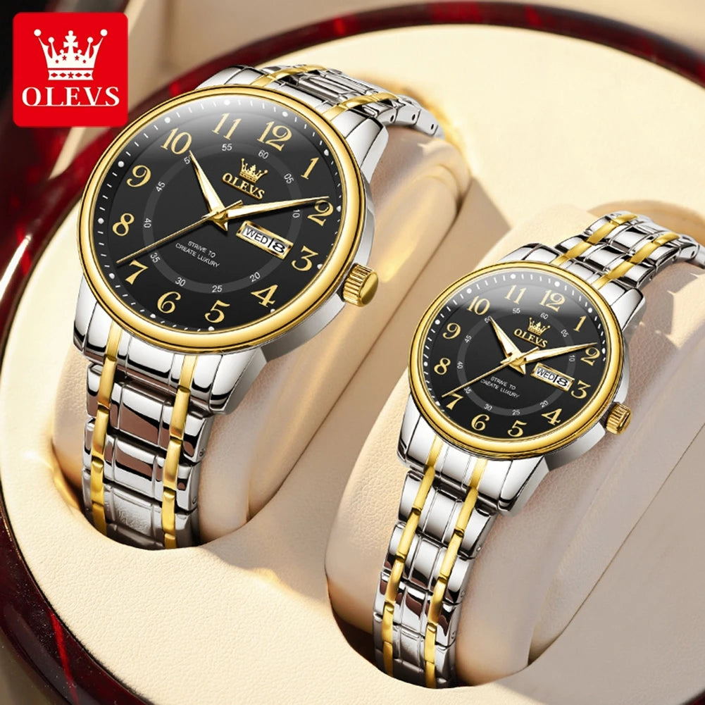 OLEVS 2891 Original Quartz Couple Watch Brand Luxury Double Calendar Waterproof Date Clock His and Her Watch Gift Couple Watch