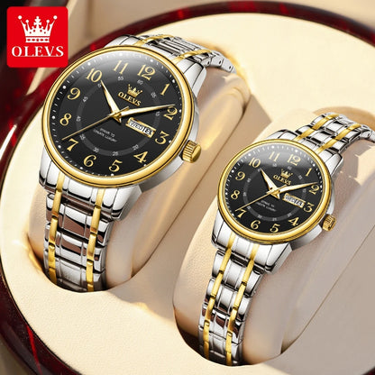 OLEVS 2891 Original Quartz Couple Watch Brand Luxury Double Calendar Waterproof Date Clock His and Her Watch Gift Couple Watch