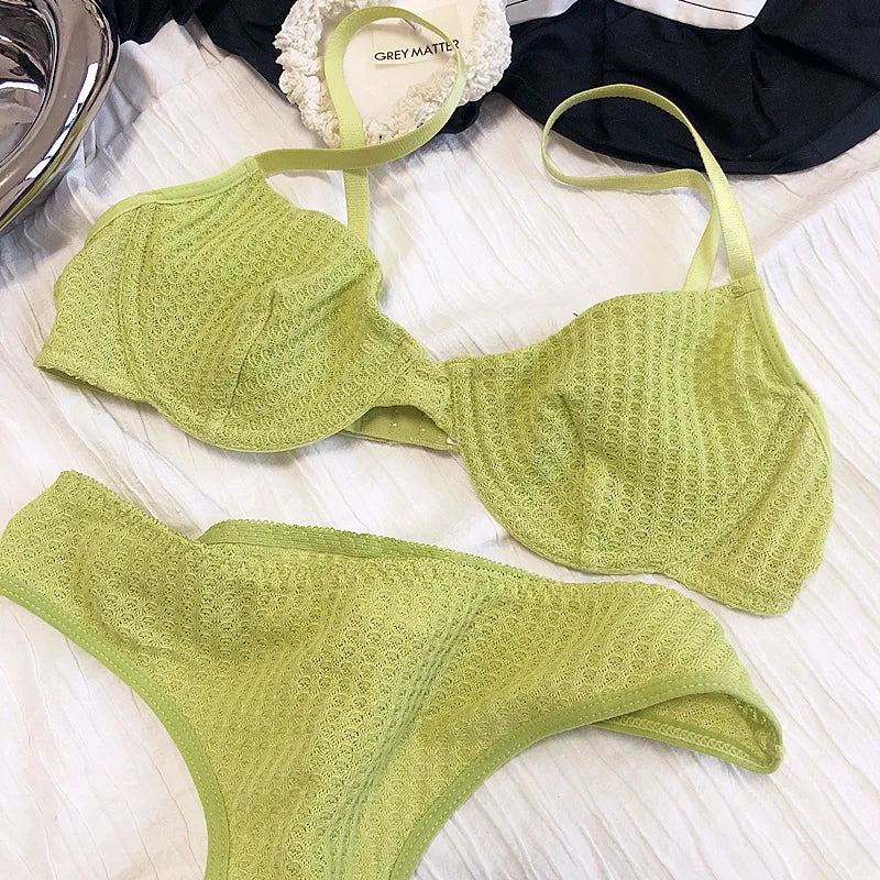 Summer 6 Color Women Underwear Sexy French Bralette Push Up Bra Set Ultra Thin Thread Fabric Breathable Lingerie With Thong Sets