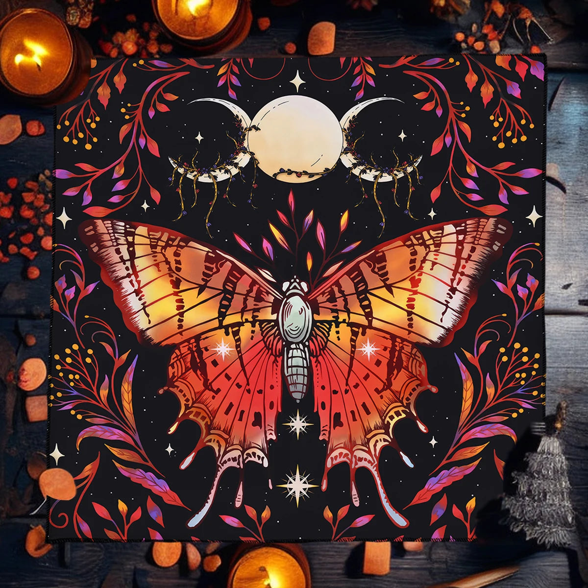 Pink Butterfly Moon Phase Floral Tarot Card Tablecloth  Altar Cloth Witchcraft Astrology Oracle Divination Cloth Home Decor