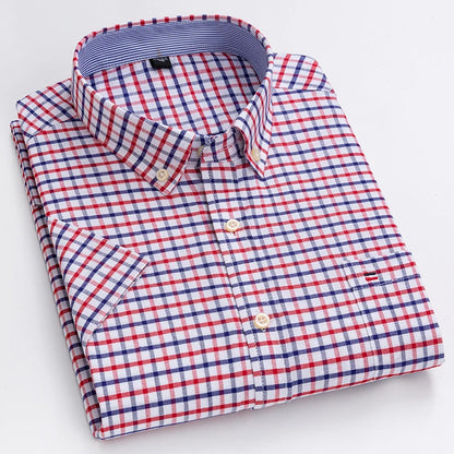 100% Pure Cotton Oxford Shirt For Men¡¯s Short Sleeve Solid Stripe Leisure Embroidered Horse Social Business Formal Dress Shirts