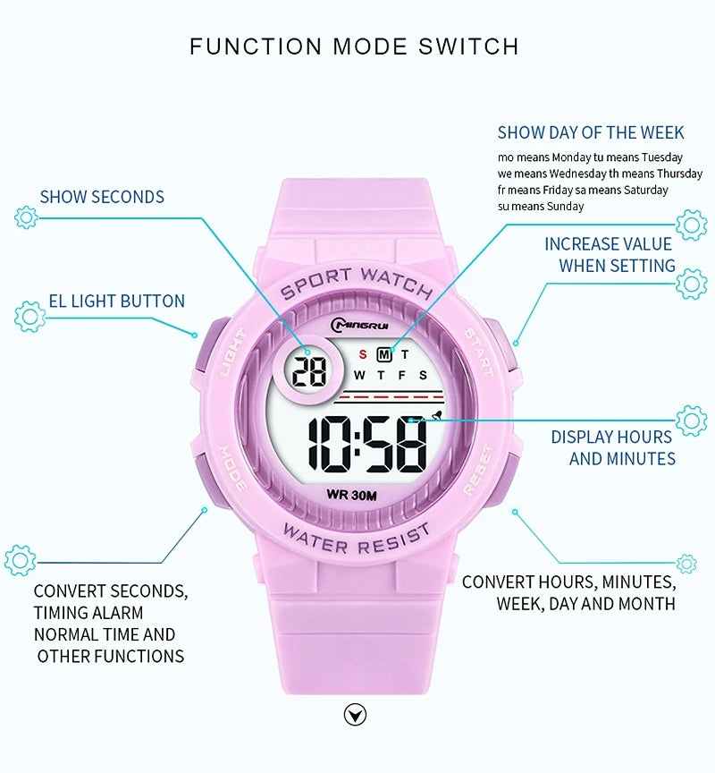 OHSEN Kids Sport Watches 30M Waterproof Pink Silicone Electronic Wristwatch Stopwatch Children Digital Watch For Boys Girls