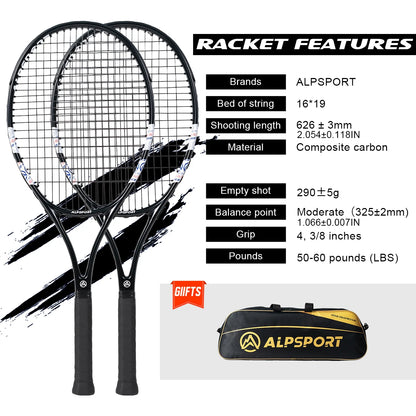 ALPSPORT Carbon Fiber Tennis Racket T800 18K-Professional Grade with Bag&Strap Lightweight Training Racquet for Adults Men&Women