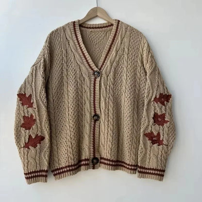 Autumn Red Maple Leaf Embroidered Leaves Knitted Cardigan Women Winter V-neck Single Breasted Show Y2k Style Cardigans Girls